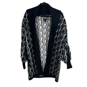 Vintage 90s Amanda LA NY Open Front Cardigan Sweater L Bishop Sleeve Black White